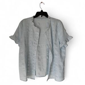 Women's light Blue Blouse sheer button up ruffled sleeves lace details XXL